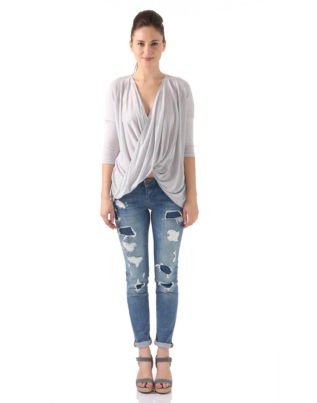 Ax Paris Women Casual Wear Grey Asymmetric Top